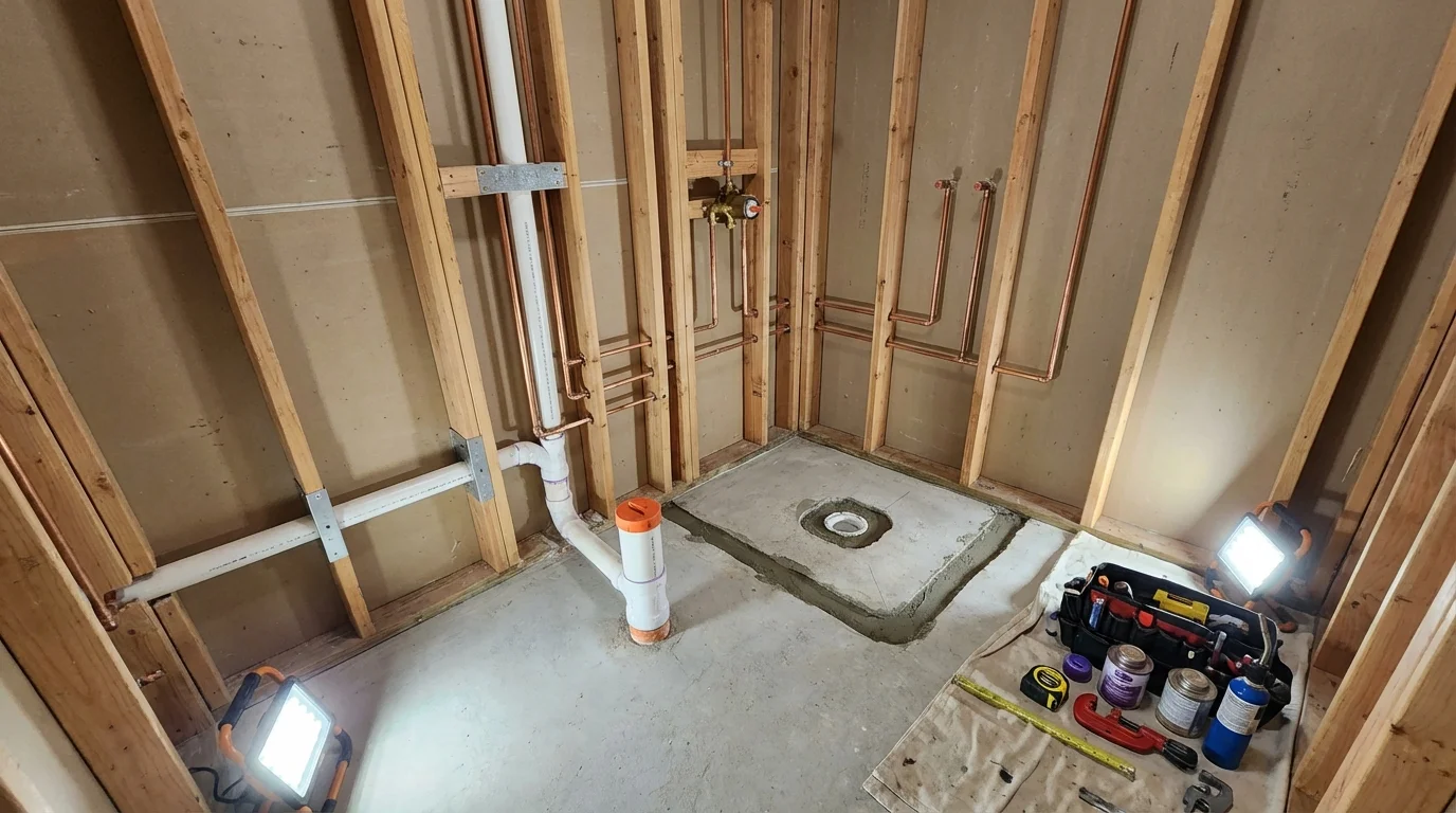 Bathroom rough-in plumbing during remodel by Johns Plumbing LLC in Pueblo
