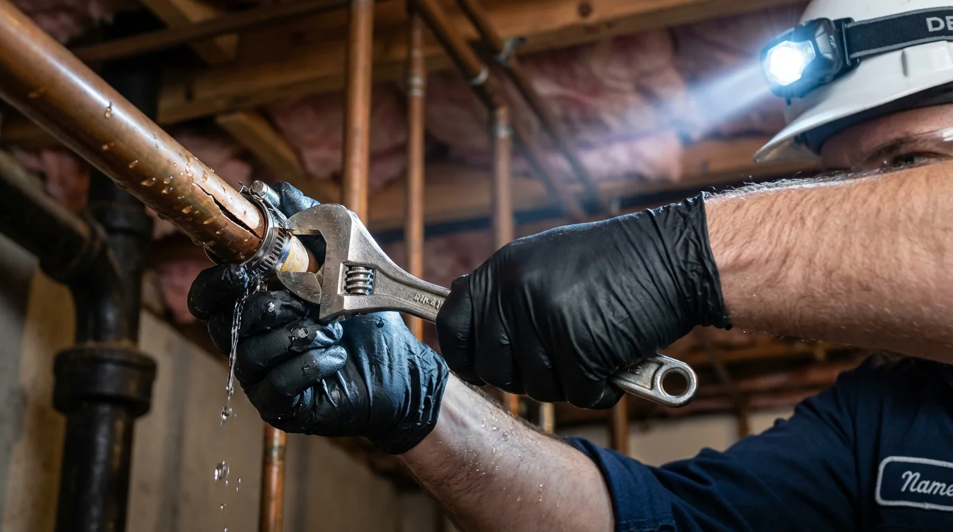 Emergency pipe clamp repair being performed by a Johns Plumbing LLC plumber in Pueblo