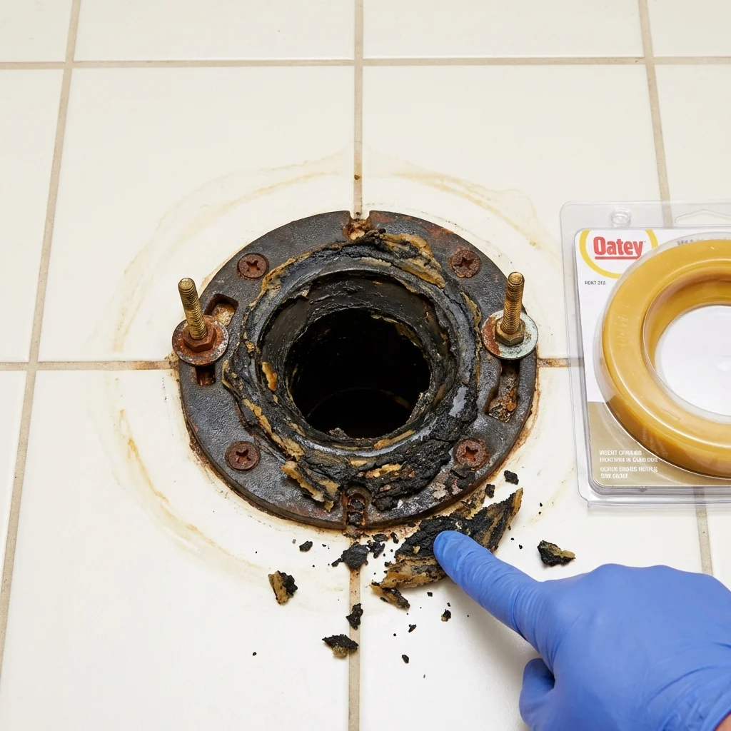 Failed wax ring showing water seepage at the base of a toilet in a Pueblo, CO home