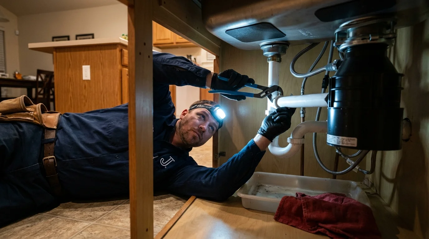 P-trap and supply line connections under a kitchen sink showing a common leak point in Pueblo, CO